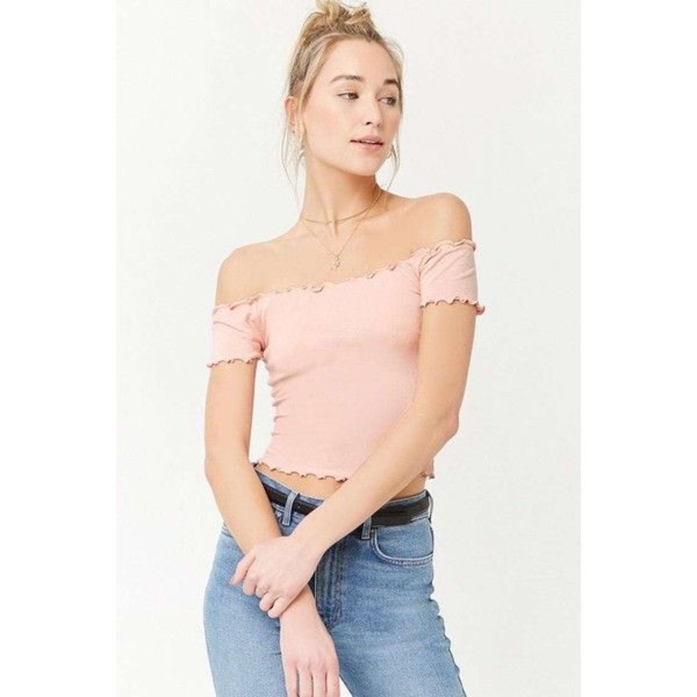 Pink Hollister Off Shoulder Lettuce Edge Top